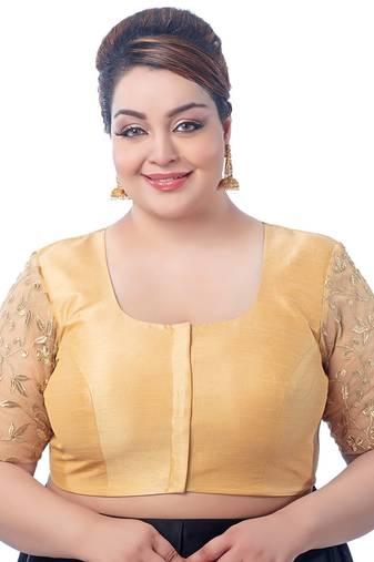 Graceful Golden Hues: Art Silk Embroidered Net Elbow Sleeves Plus Size Readymade Saree Blouse