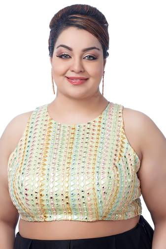 Plus Size Pista Green Net Gota Thread Work Sleeveless Readymade Saree Blouse