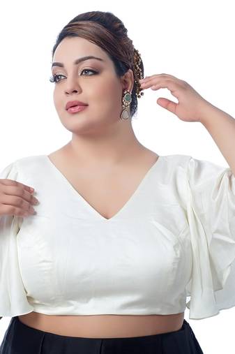White Silk Plus Size Saree Blouse with Ruffle Sleeves and V-Neck