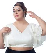 White Silk Plus Size Saree Blouse with Ruffle Sleeves and V-Neck
