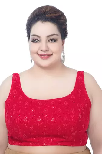 Red Velvet Sequin Embellished Sleeveless Plus Size Readymade Blouse