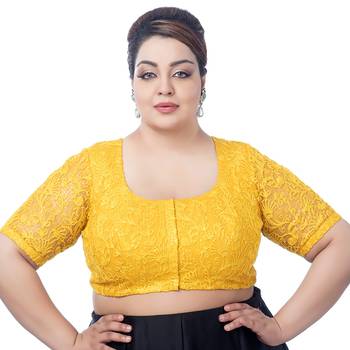 Plus Size Yellow Floral Net Embroidered Saree Blouse with Sequins and Elbow Sleeves 1
