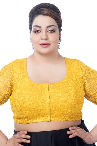 Plus Size Yellow Floral Net Embroidered Saree Blouse with Sequins and Elbow Sleeves