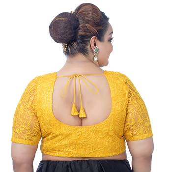 Plus Size Yellow Floral Net Embroidered Saree Blouse with Sequins and Elbow Sleeves 2