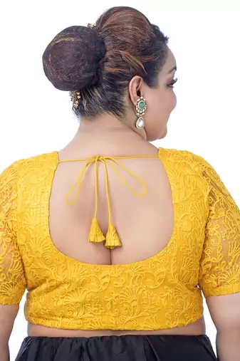 Plus Size Yellow Floral Net Embroidered Saree Blouse with Sequins and Elbow Sleeves