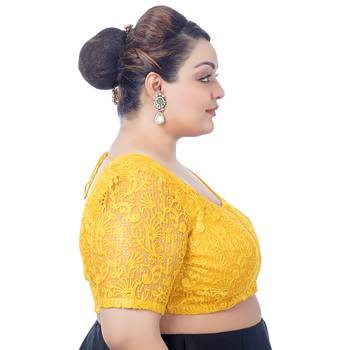 Plus Size Yellow Floral Net Embroidered Saree Blouse with Sequins and Elbow Sleeves 3