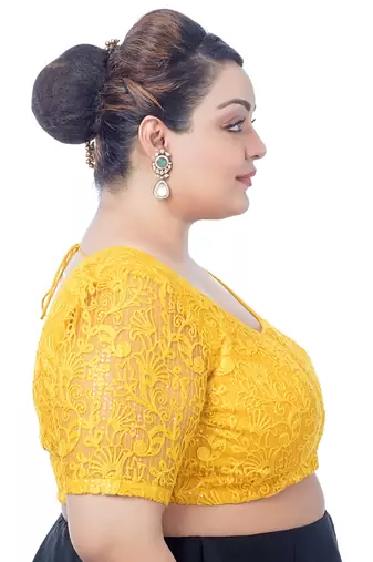 Plus Size Yellow Floral Net Embroidered Saree Blouse with Sequins and Elbow Sleeves
