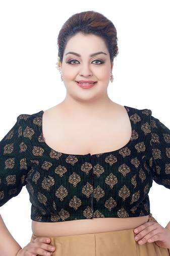Green Velvet Plus Size Princess Cut Saree Blouse with Golden Thread Work