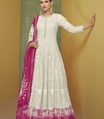 Off White Faux Georgette Semi Stitched Embroidered Designer Suit