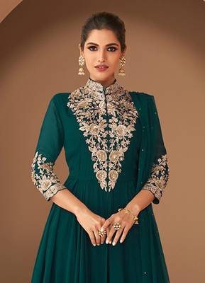 Dark Green Georgette Semi Stitched Embroidered Designer Suit 3