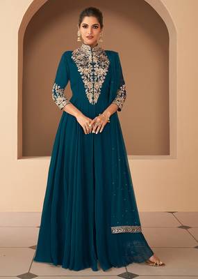 Dark Teal Blue Georgette Semi Stitched Embroidered Designer Suit 1