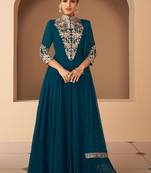 Dark Teal Blue Georgette Semi Stitched Embroidered Designer Suit