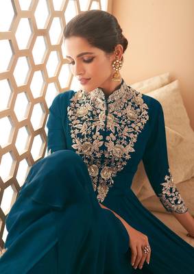 Dark Teal Blue Georgette Semi Stitched Embroidered Designer Suit 2