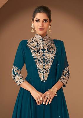 Dark Teal Blue Georgette Semi Stitched Embroidered Designer Suit 3