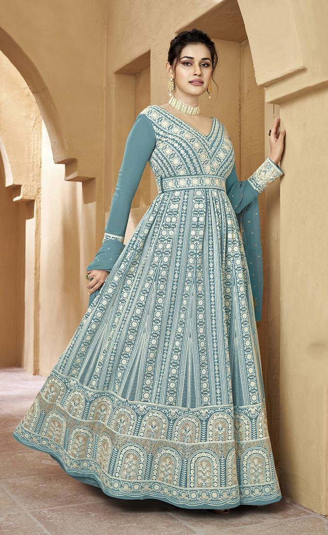 Light teal color faux georgette semi stitched embroidered partywear suit