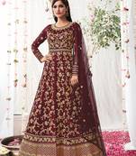 Wine color soft net semi stitched embroidered wedding dress