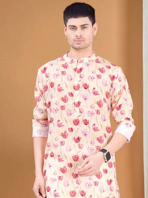 men's pastel kurta with elastic pyjama set - tropical paradise 1