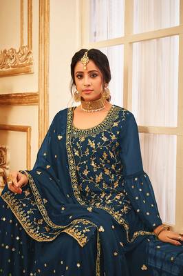 Dark Teal Embroidered Georgettesalwar Kameez 2