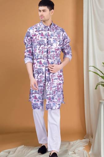 Shiwam ethnix men's pastel kurta, jacket and elastic pyjama set - tropical paradise