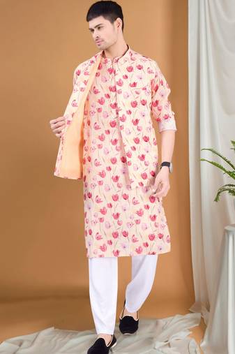 Shiwam ethnix men's pastel kurta, jacket and elastic pyjama set - tropical paradise