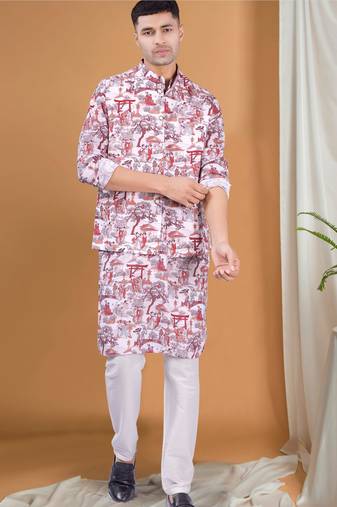 Shiwam ethnix men's pastel kurta, jacket and elastic pyjama set - tropical paradise