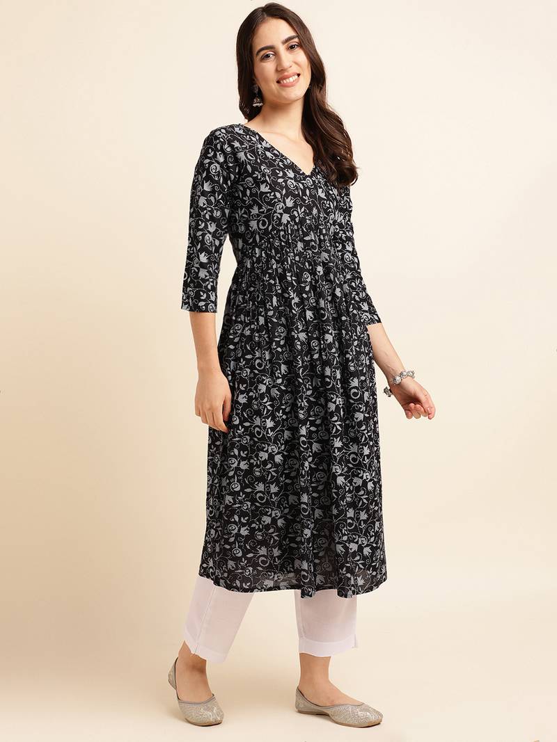 Black printed rayon ethnic-kurtis