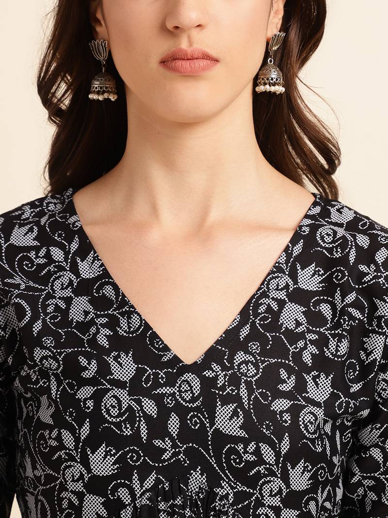 Black printed rayon ethnic-kurtis
