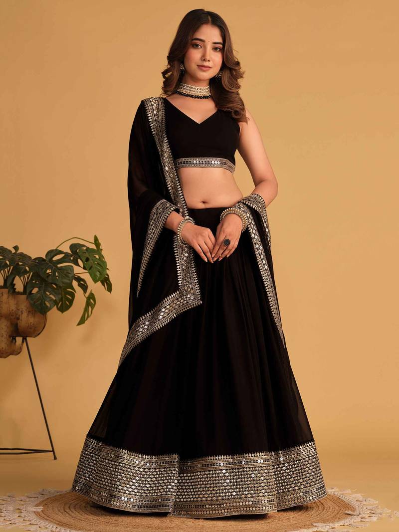 Beautiful Black Zari Embroidered Georgette Lehenga Choli With Dupatta