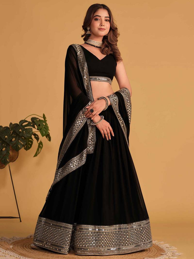 Beautiful Black Zari Embroidered Georgette Lehenga Choli With Dupatta