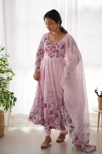 Soft Chiffon Floral Print Fabric, Padded With Side Zipper Attached Fully Flair Anarkali Kurti, With Dupatta And Pent