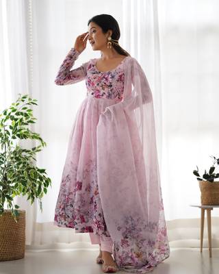 Soft Chiffon Floral Print Fabric, Padded With Side Zipper Attached Fully Flair Anarkali Kurti, With Dupatta And Pent 4
