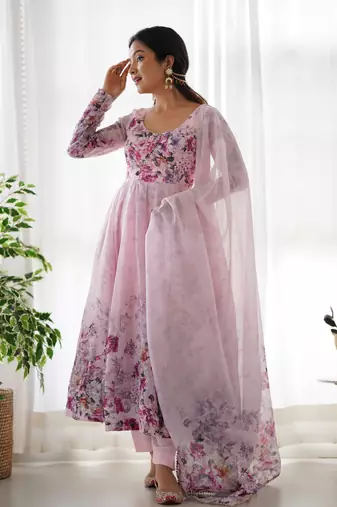 Soft Chiffon Floral Print Fabric, Padded With Side Zipper Attached Fully Flair Anarkali Kurti, With Dupatta And Pent