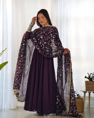 Wine Fox Georgette Fabric Maxi Gown With Dupatta And Pent 1