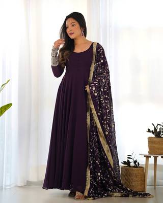 Wine Fox Georgette Fabric Maxi Gown With Dupatta And Pent 4