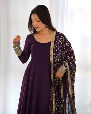 Wine Fox Georgette Fabric Maxi Gown With Dupatta And Pent 7