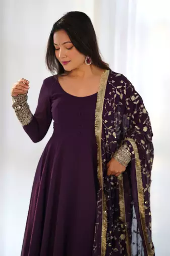 Wine Fox Georgette Fabric Maxi Gown With Dupatta And Pent