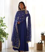 Royal Blue Colour Fox Georgette Fabric Maxi Gown With Fancy Sleeve, Embroidery Work Dupatta And Pent