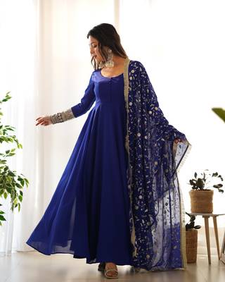 Royal Blue Colour Fox Georgette Fabric Maxi Gown With Fancy Sleeve, Embroidery Work Dupatta And Pent 3