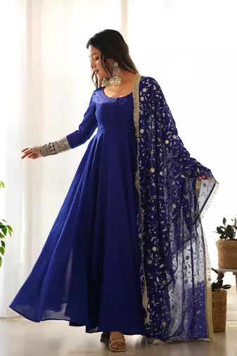 Royal Blue Colour Fox Georgette Fabric Maxi Gown With Fancy Sleeve, Embroidery Work Dupatta And Pent