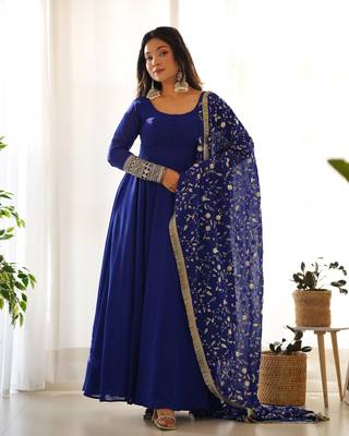 Royal Blue Colour Fox Georgette Fabric Maxi Gown With Fancy Sleeve, Embroidery Work Dupatta And Pent 4