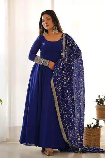 Royal Blue Colour Fox Georgette Fabric Maxi Gown With Fancy Sleeve, Embroidery Work Dupatta And Pent