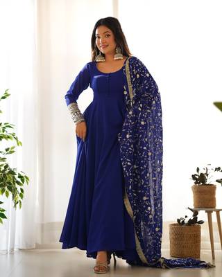 Royal Blue Colour Fox Georgette Fabric Maxi Gown With Fancy Sleeve, Embroidery Work Dupatta And Pent 5