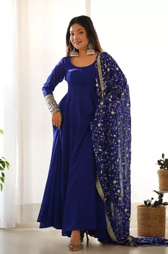 Royal Blue Colour Fox Georgette Fabric Maxi Gown With Fancy Sleeve, Embroidery Work Dupatta And Pent