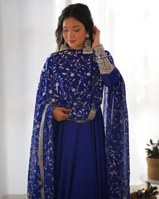 Royal Blue Colour Fox Georgette Fabric Maxi Gown With Fancy Sleeve, Embroidery Work Dupatta And Pent 6