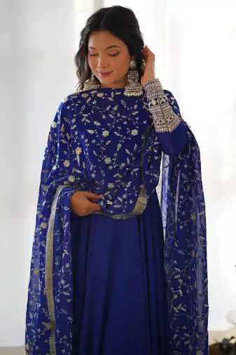 Royal Blue Colour Fox Georgette Fabric Maxi Gown With Fancy Sleeve, Embroidery Work Dupatta And Pent