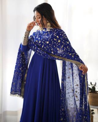 Royal Blue Colour Fox Georgette Fabric Maxi Gown With Fancy Sleeve, Embroidery Work Dupatta And Pent 7