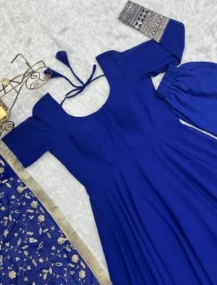 Royal Blue Colour Fox Georgette Fabric Maxi Gown With Fancy Sleeve, Embroidery Work Dupatta And Pent 10