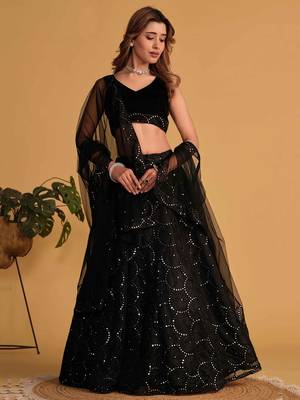 Mesmerizing Black Mirror Work Organza Reception Wear Lehenga Choli 1