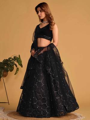 Mesmerizing Black Mirror Work Organza Reception Wear Lehenga Choli 2