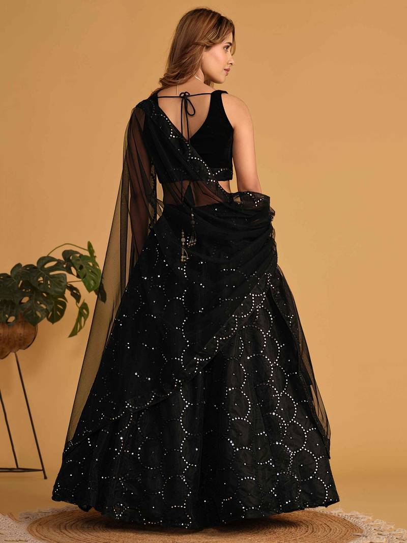 Mesmerizing Black Mirror Work Organza Reception Wear Lehenga Choli